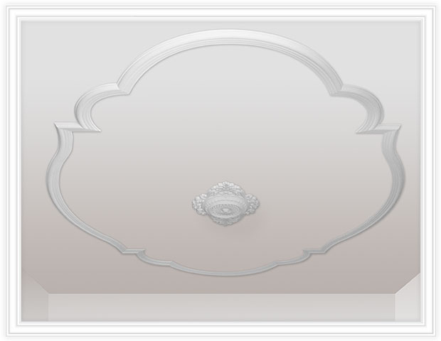 Herstellung und Anbringung umlaufendes Stuckprofil und Rosette an abgehängter Gipskartondecke.